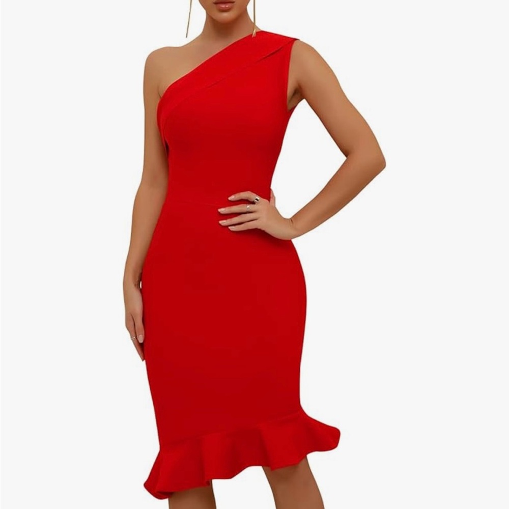 Maketina One Shoulder Bodycon Cocktail Midi Dresses